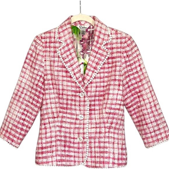 Lilly Pulitzer Mizner Pink Tweed Boucle Silk Lined Blazer Jacket Sz 4 Vintage - Picture 2 of 9